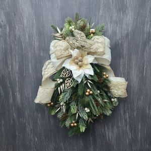 Handmade Elegant Champagne,Gold, Beige and Green Holiday Swag Wreath Door Hanger